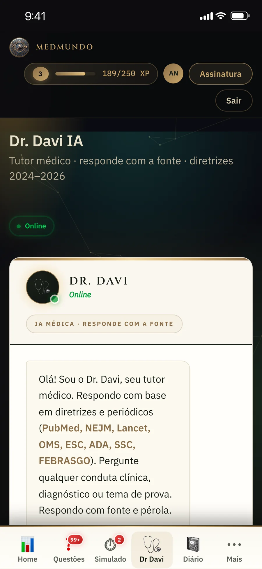 Tela real do Dr. Davi no app MedMundo, com sugestões de perguntas
