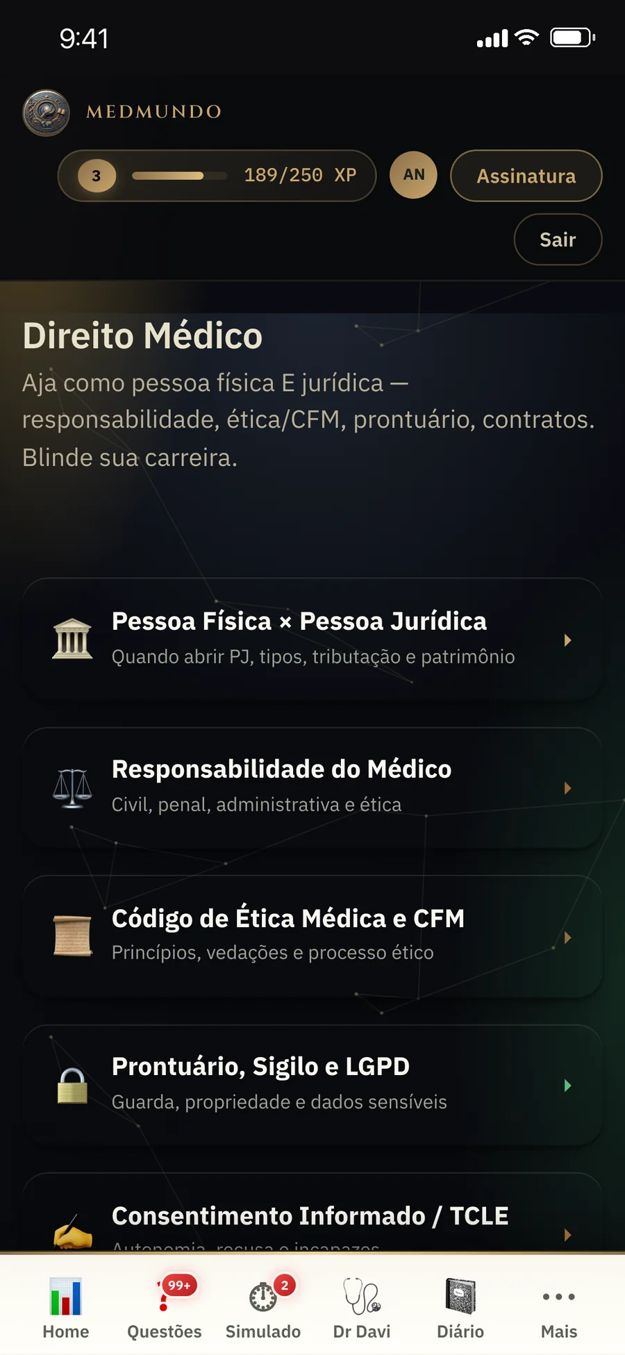 Tela real de Direito Médico no app MedMundo