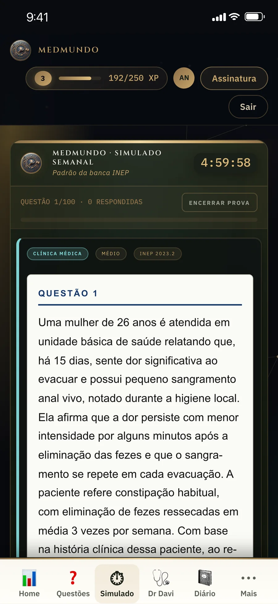 Simulado REVALIDA no app MedMundo, na folha da banca, com cronômetro